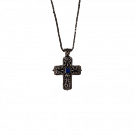 Colier cu Cruce din Metal – Piatra Albastră, Produs Ortodox Românesc