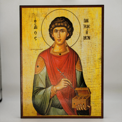 Icoană pe Lemn – Sfântul Pantelimon, 20×24 cm, Mare Vindecător, Sfințită