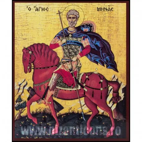 sfantul-mina Icoană pe Lemn – Sfântul Mina, 14×19 cm, Sfințita - imagine 1