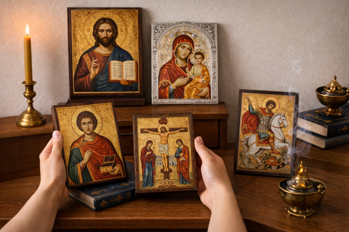 Rincón de oración con varios iconos ortodoxos y velas, imagen para sección de preguntas frecuentes (FAQ)