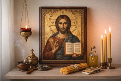 Iconos ortodoxos en un rincón de oración con candela encendida, velas e incienso