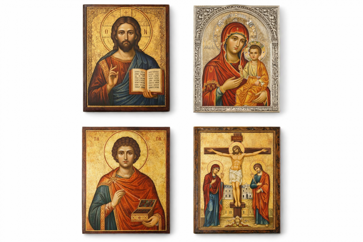 Collage con cuatro iconos ortodoxos: Cristo Pantocrátor, Virgen con el Niño (Theotokos), un santo y la Crucifixión