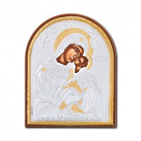 Icoană Argintată Maica Domnului „Dulcea Sărutare” – 11 x 9 cm, Sfințită