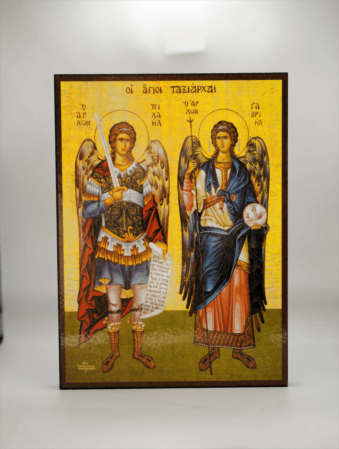 Icono sobre madera - Santos Arcángeles Miguel y Gabriel, 14×19 cm, Santificado