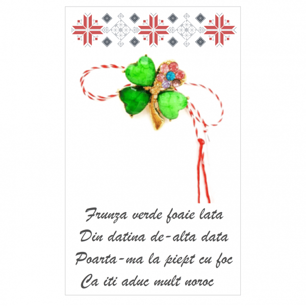 Broche Martisor Trébol con piedras en tarjeta