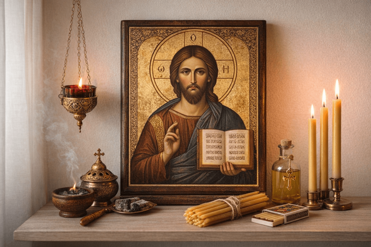 Iconos ortodoxos en un rincón de oración con candela encendida, velas e incienso