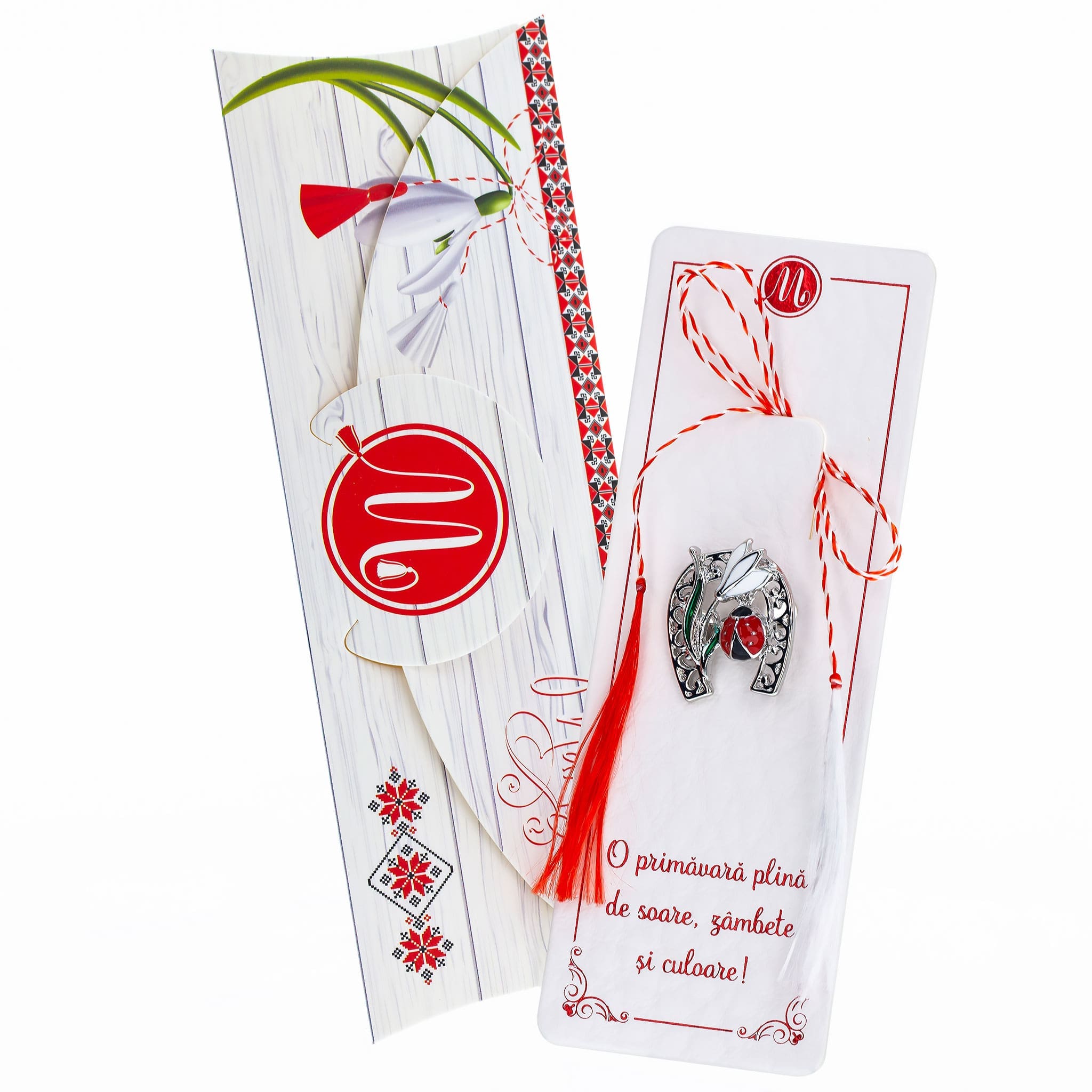 Martisor broche herradura con campanilla y mariquita con bolsita de regalo y mensaje personalizado