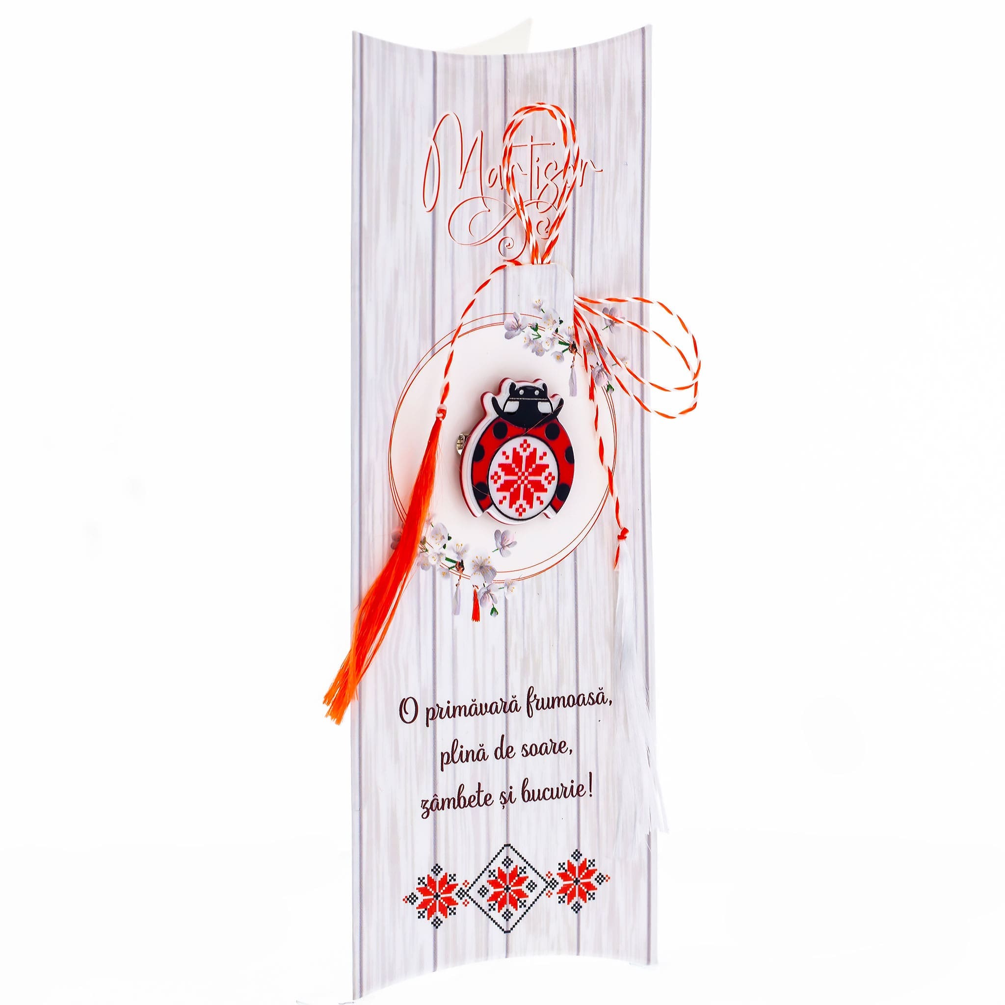 Martisor brosa buburuza cu punguta cadou si mesaj personalizat