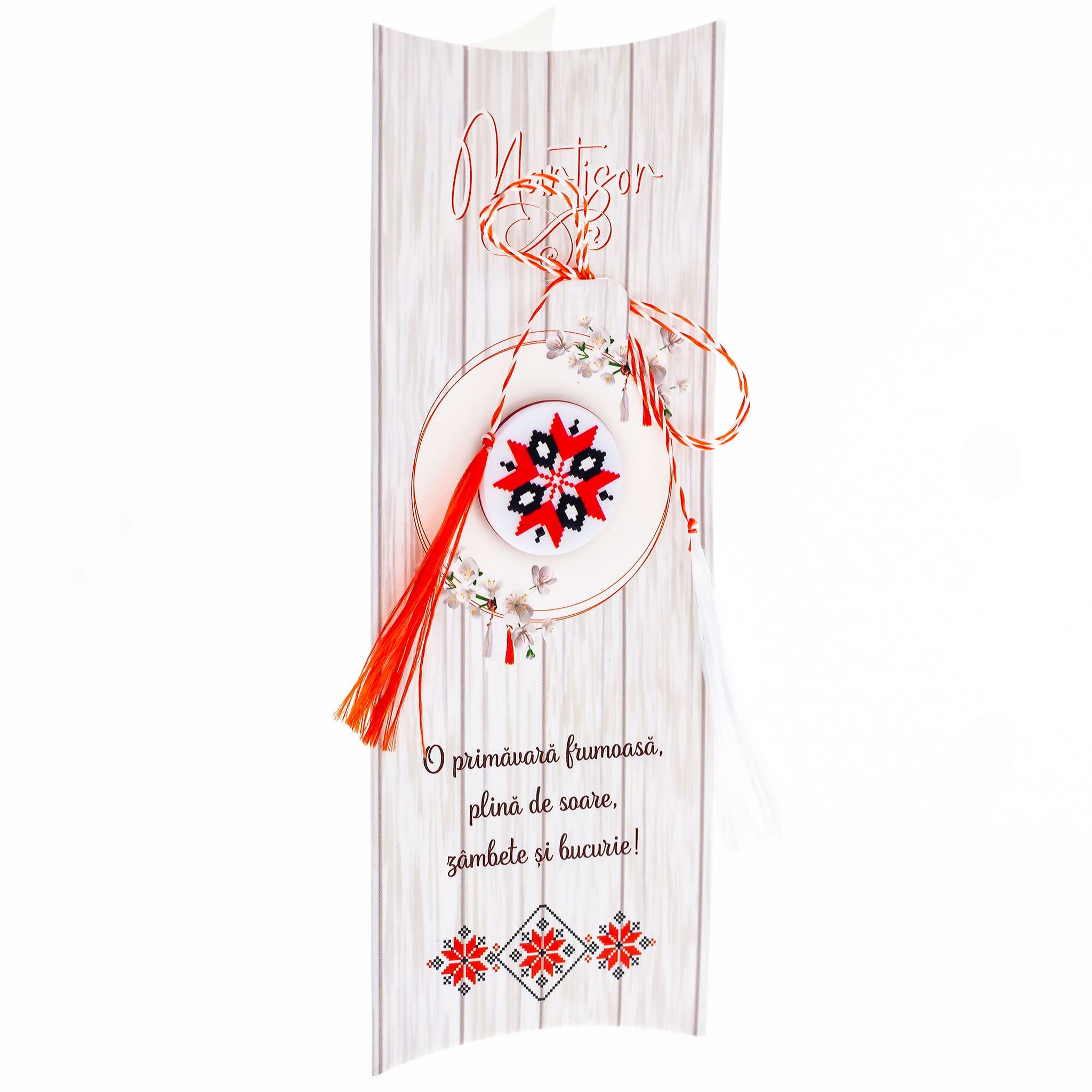 Broche Martisor diseño tradicional con bolsa de regalo y mensaje personalizado