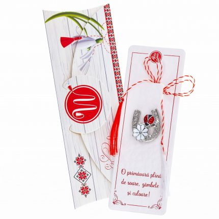 Mărțișor broșă potcoava cu floare și gărgăriță cu punguță cadou și mesaj personalizat