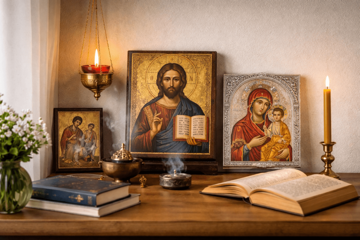 Rincón de oración en casa con iconos ortodoxos, candela encendida y velas