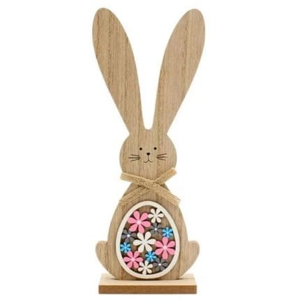 Iepuraș Decorativ de Paște cu Ou Floral – Lemn, 25 cm