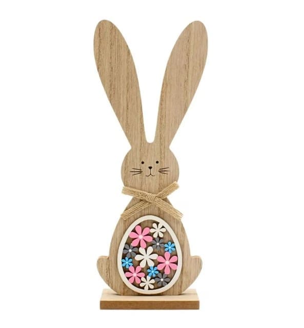 Conejito decorativo de Pascua con huevo floral – Madera, 25 cm