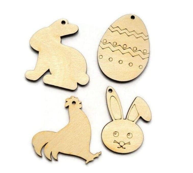 Set de Adornos de Pascua en Madera Natural - 4 Conejitos y Huevos de Pascua Artesanía
