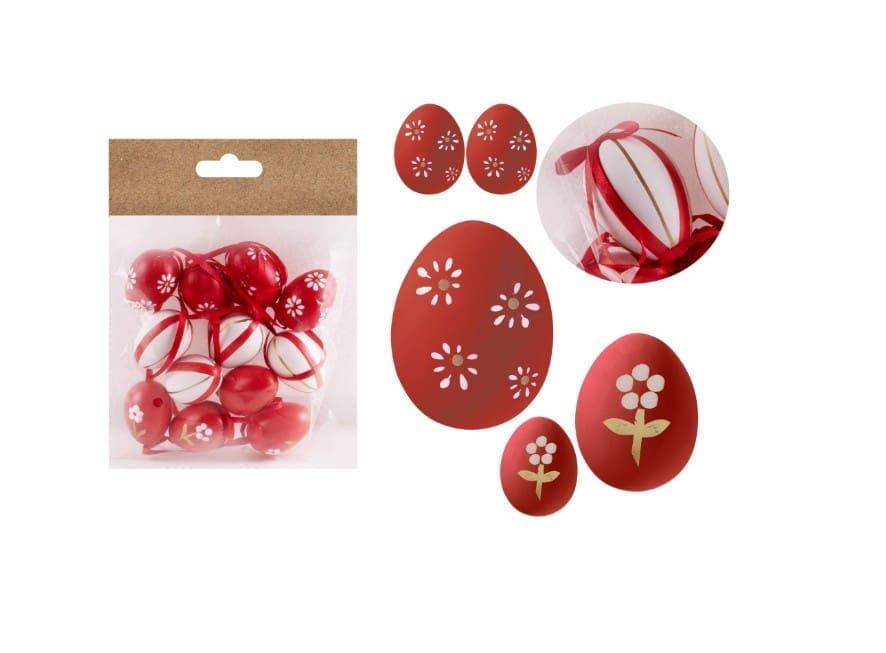 Set Oua Decorative din Plastic cu Model Floral Dungat Rosu – Ornamente Paste 3 x 4 cm