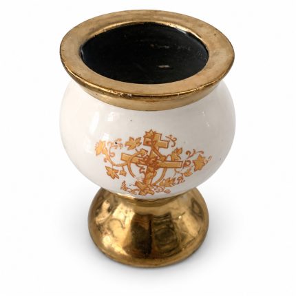 Candelă din Ceramică Mică – Albă cu Cruce Aurie