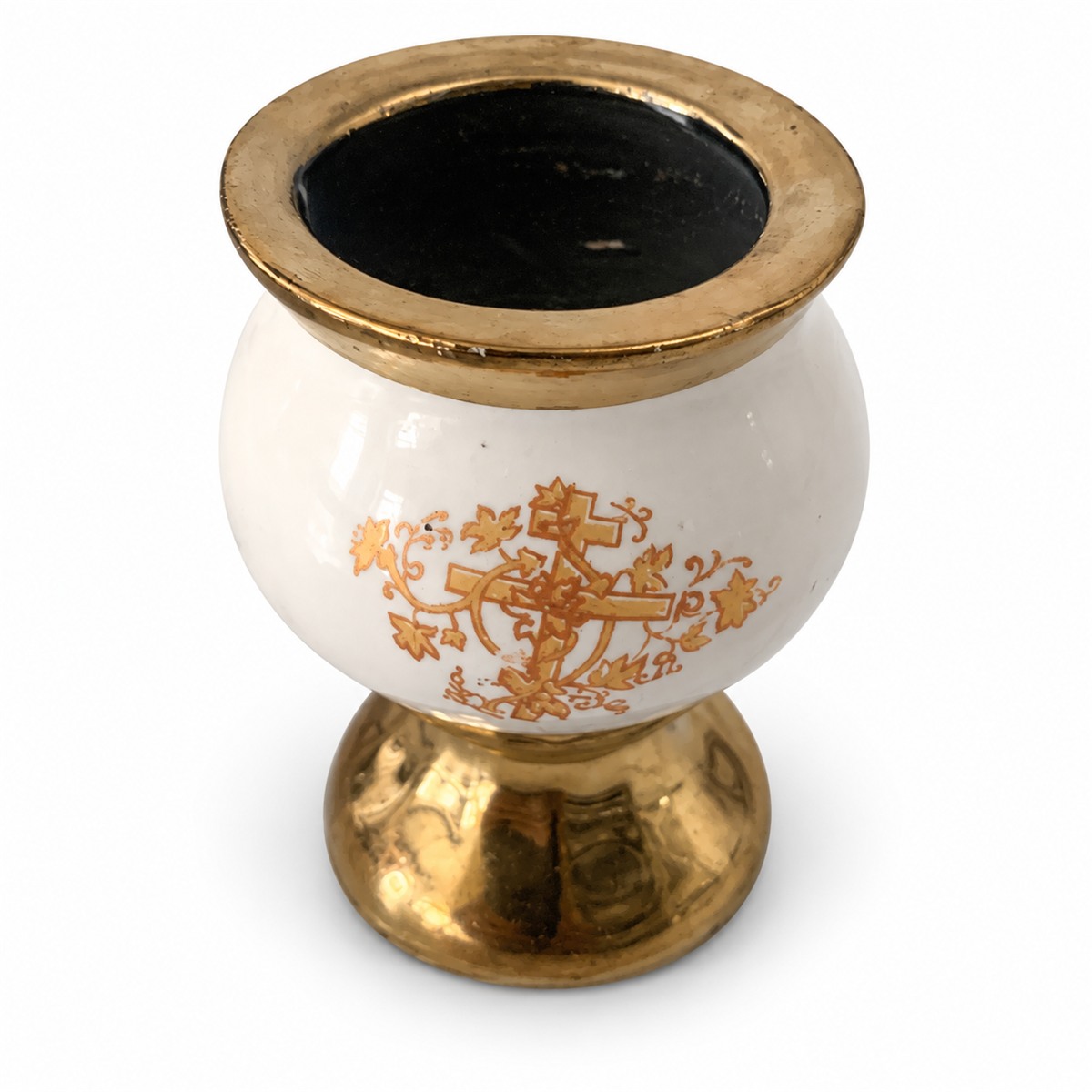Candelă din Ceramică Mică – Albă cu Cruce Aurie